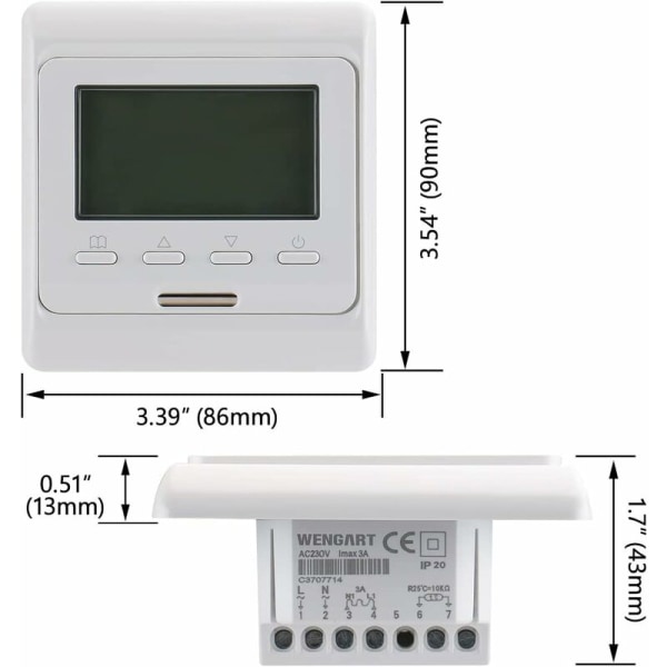 7 dagar programmerbar rums termostat, digital display AC230V Max3A, fungerar för golvvärme WG806 vit