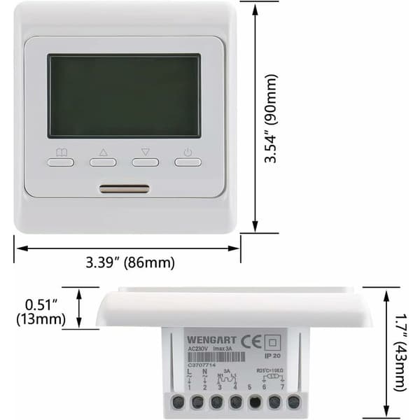 7 dages programmerbar rumtermostat, digitalt display AC230V Max3A, fungerer til gulvvarme WG806 hvid