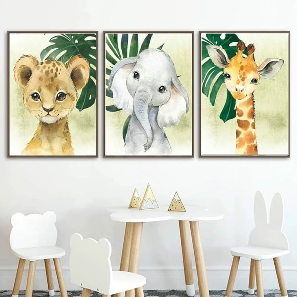 Set med 3 Safaridjur Affisch Djungel Giraff Lejon Elefant Palm Väggdekor 30x40 Barn Baby Flicka Sovrum Canvas Dekoration Present（utan fr