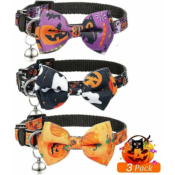 Kattkrage Set med 3 Kattkragar med Fluga och Klocka för Halloween