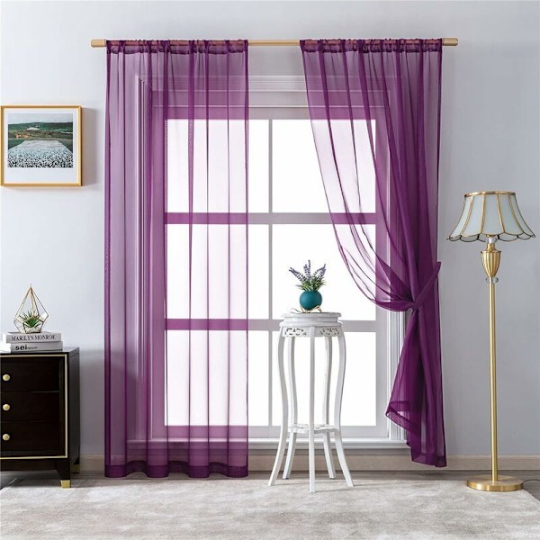 Lila Sheer Gardin 140x160 cm Kort Mjuk Gardinstångsficka Klar att Installera Halvtransparent Inre Sheer Set med 2 Gardiner för Små Fönster