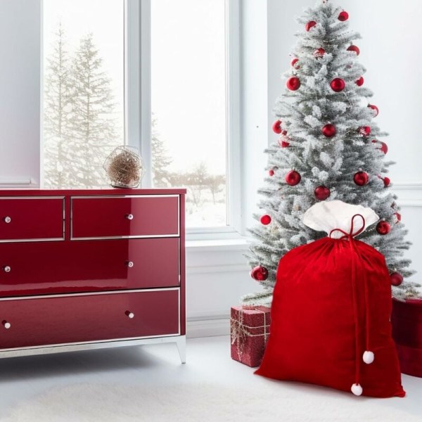 2x Julepose 70 x 100 cm Ædel fløjl med lang snor og hvide pomponer - Gavepose til julemandskostume og dekoration - Julesæk til at fylde (R