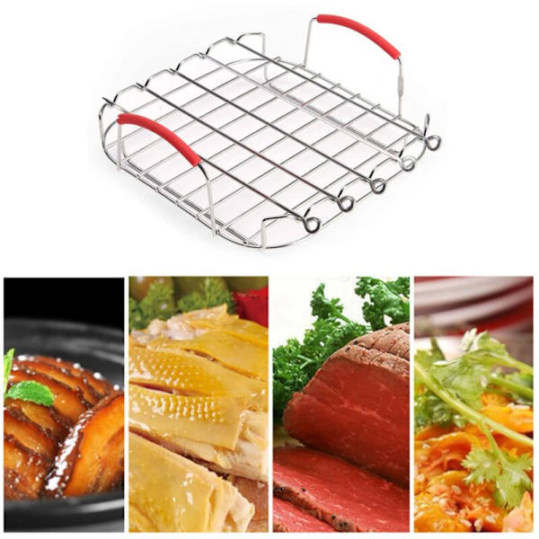 9 Tommer Rustfrit Stål Airfryer Kogegitter Multifunktionelt Firkantet Stegerist med Spidde Pinde Bagebakke Airfryer Holder