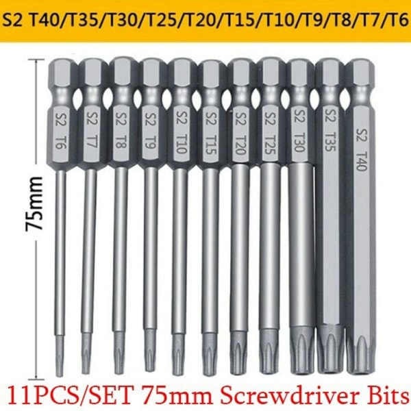 12 stk/sett 1/4 tommers sekskant skaft og L-nøkkelsett T6-T40 3 tommer lengde S2 stål Torx hodeskrutrekker bor
