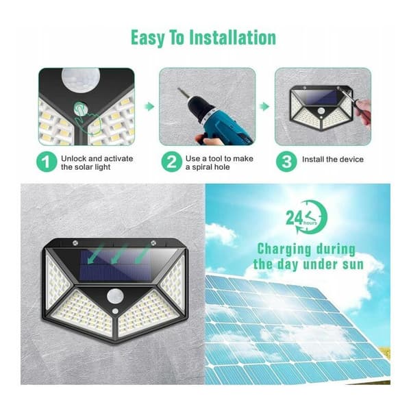 Udendørs solcellelys, [Udvidet version-2stk] Kilponen 100 LED udendørs solcellelys med bevægelsessensor [2200mAh] Superlysende solcellelys 270° solcellelys