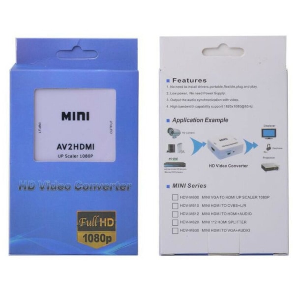 Mini AV RCA CVBS till HDMI Video Audio Konverter Adapter Stöd 720 1080P för Kamera, Xbox 360, PS1, PS2, WII, N64, Gamecube, Snes, NES, PSP, DVD Pl