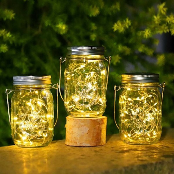 3 stk. Solcelled Utelanterner - 30LED Solcellelampe Utehage, IP65 Vanntett Utelanterne, Mason Jar Henge Solcellelampe for Hage Tre Patio