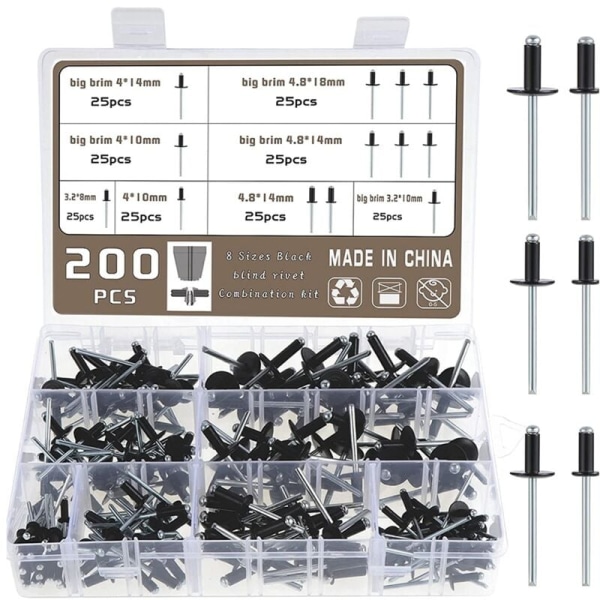 200 stk 8-18 mm metall 3,2-4,8 sorte nagler standard blinde huller og flensverktøy