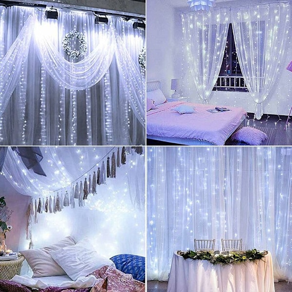 LumiChristmass gardin, 3 x 3M LED lysgardin 300LEDs, 8 lysmoduser, fjernkontrolltimer, vindusdekorasjon, bryllup, hage, rom (