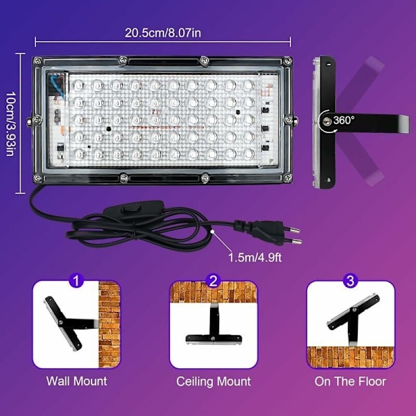 2 stk UV LED Projektor 100W Sort Lys IP65 Vandafvisende, Ultraviolet LED Lampe, Effektbelysning til Akvarium, Fest, Fluorescerende Maleri, Fluorescens