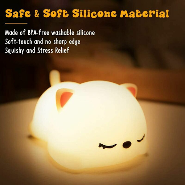 Bærbar Natlampe til Børn, 7 Farver LED Silikon Kattelampe, Baby Soveværelseslampe, USB Genopladelig Sød Farveskiftende Lampe Julegave Fødselsdagsgave