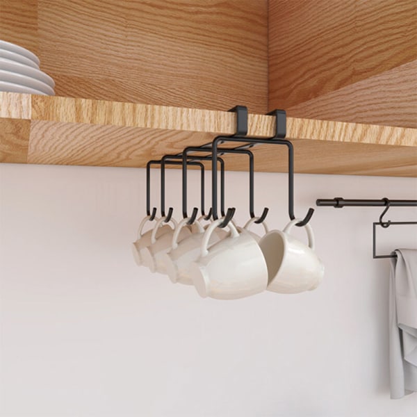 Under Cabinet Cup Hook med 8 kroker Kaffe Koppholder Spikerfri Rack Kjøkken Henge Oppbevaringsstativ (Svart)