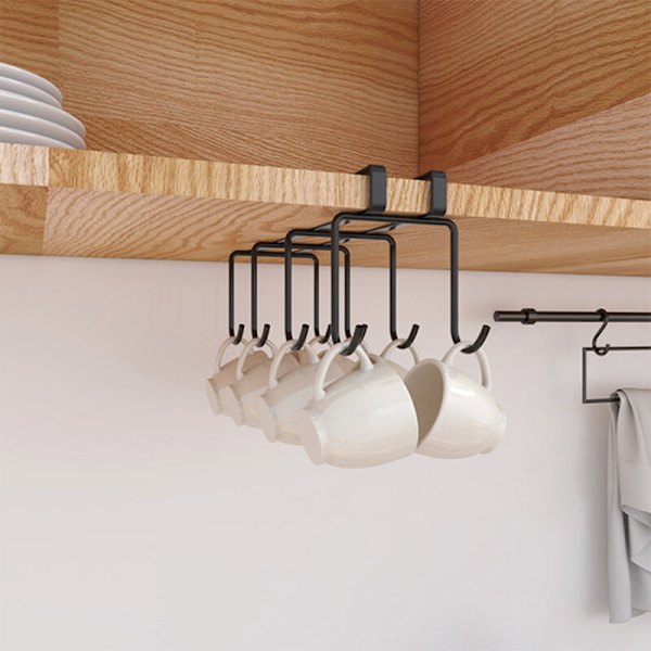 Under Cabinet Kop Krog med 8 Kroge Kaffe Kop Holder Søm-Fri Rack Køkken Hængende Opbevaring Rack (Sort)