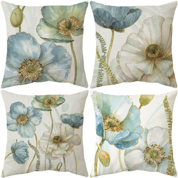 Outdoor Cushion Cover, Set of 4 Waterproof Yellow and Blue Flowers Pattern Sofa Pillow Case for Patio Garden Living Room Bedroom Decoration, 45x45cm