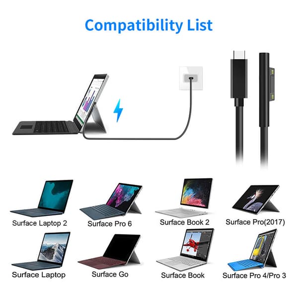 USB Type C Strømadapter 15V PD Opladerkabel til Surface Pro 7/6/5/4/3/GO/BOOK 1/2 Bærbar