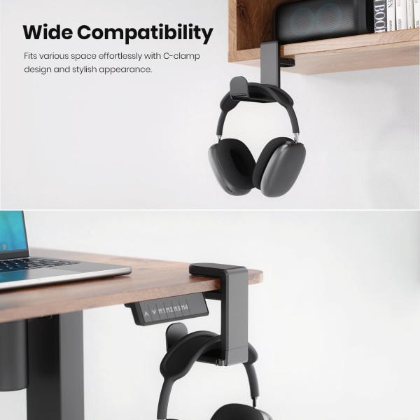Holder til hovedtelefonkrog til gamingheadsets, hovedtelefonholder med justerbar og drejelig armklemme, design under skrivebordet, universel pasform