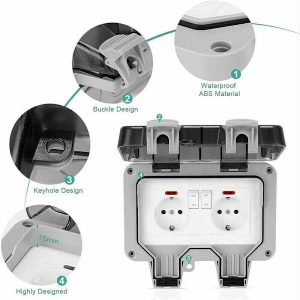 IP66 Ulkoilmakestävä pistorasia kytkimellä, vedenpitävä liitäntälaatikko, kaksoisseinäinen ulkopistorasia