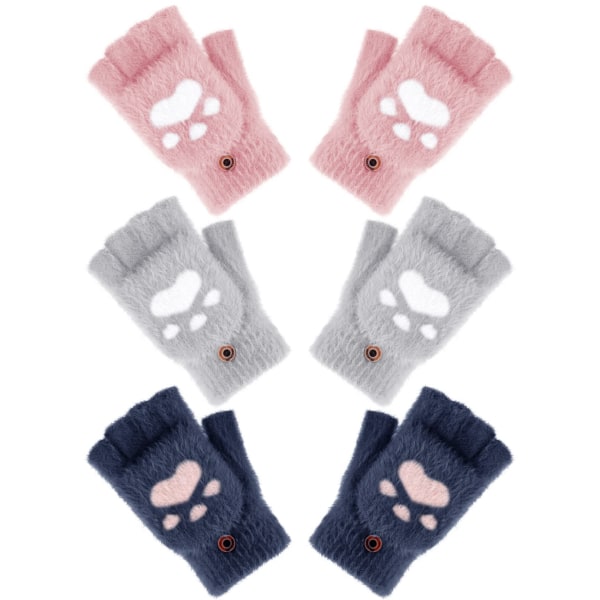 3 paria Winter Fingerless Gloves Lämpimät Cabriolet Käsineet Flip Cat Claw Käsineet naisille Kylmän sään Cosplay (vaaleanpunainen + laivasto + harmaa)