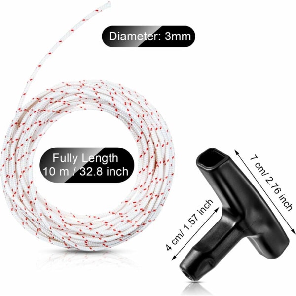 Tilbaketrekksstarter Tau 10 Meter 3,0mm Trekktau med 3 Stykker Starterhåndtak for Gressklipperdeler Motorsag Trimmer Busktrimmer Motor