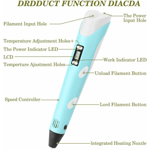 3D-penna för barn, 3D-utskrift penna med LCD-filamentutskriftstemperaturkontroll blå-