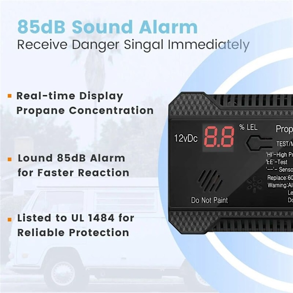 12V Propangasdetektor Naturlig Gassensor Lækagealarm 85DB Sirene til Bil Campingvogn Hjem Digital Propantester (Sort)
