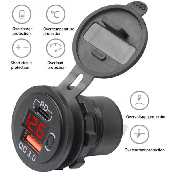 12V-24V 48W USB-kontakt Vanntett PD og QC3.0 Portlader med LED-spenning for Bil Lastebil Golfbil Grønn