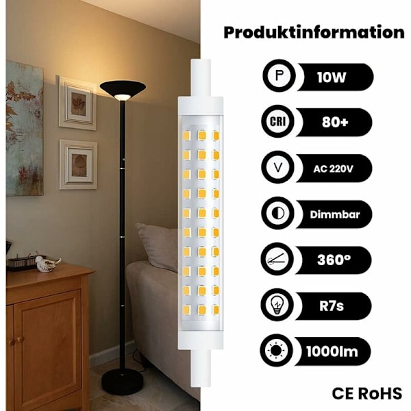 2-pakning 10W R7s 118mm LED-pære Dimbar Varmt Hvit 3000K 100W Halogen Ekvivalent Lineær Dobbel Endet Reflektor Flomlys for Hage, Offentlig, Co