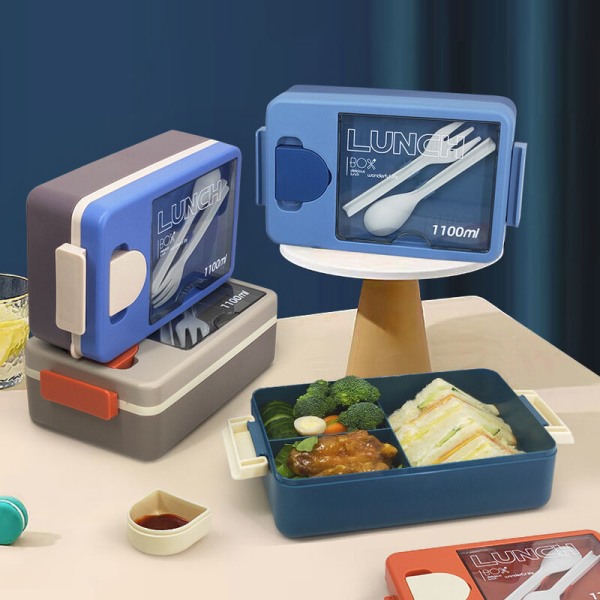 Bento-lounasrasia aikuisille ja lapsille, lounasrasia lusikalla ja haarukalla, kestävä ja täydellinen koko syömiseen ulkona（sininen）