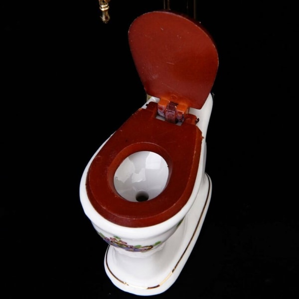 Retro Miniatyr Toalett i Porslin - Vit + Guld