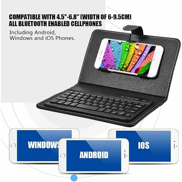 Universal trådløst Bluetooth-tastatur, flip cover med holder, til iOS/Android mobiltelefoner, sort-