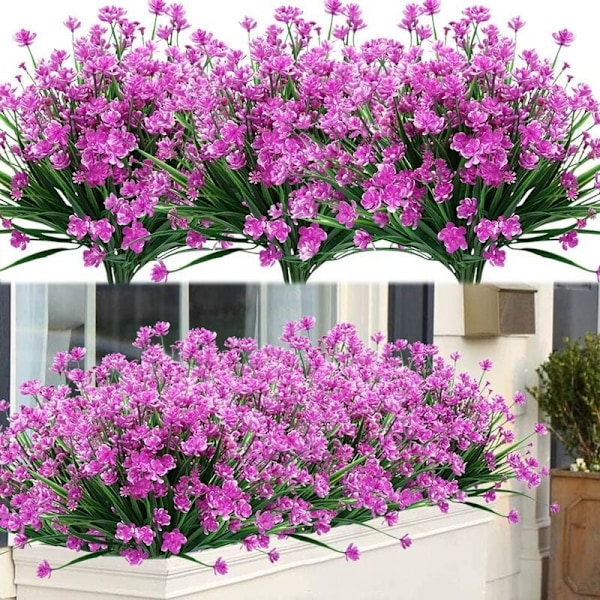 8 Bundter Kunstige Udendørs Blomster UV-Resistente Buske Planter, Faux Plastik Grønt til Indendørs Udendørs Hængende Planter Have Veranda Vindue Bo