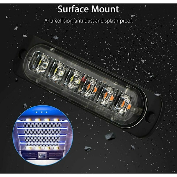 4-pakke - Ultratynn Blå 6 LED Strobe Lys - LED Lyslist Mini Nødlyslist 18 Blinkende Moduser 12V-24V for Universelt Kjøretøy eller Lastebil