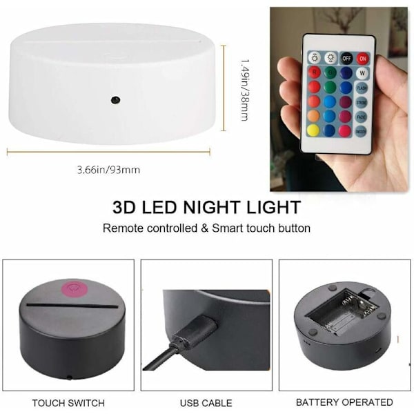 4x 3D natt LED lampebase + fjernkontroll + USB-kabel Justerbar 7 farger Dekorative lys (2x svart 2x hvit)