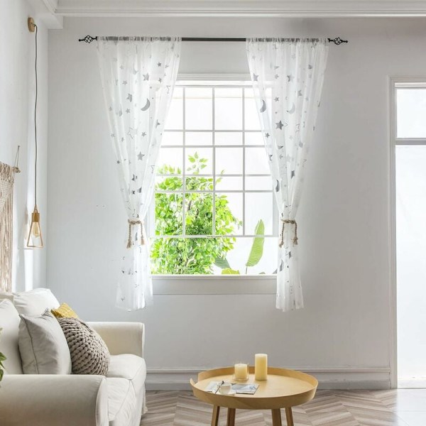 Stjerner og måne mønster gennemsigtige voile gardiner til vinduesdekoration, stanglommegardiner og draperinger til soveværelse, kontor, stue, sølv, 2 paneler