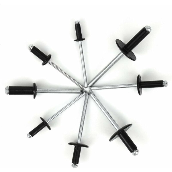 200 stk. aluminium blindpopnitter, 3,2 x 8 mm, 3,2 x 10 mm, 4 x 10 mm, 4 x 14 mm, 4,8 x 14 mm, 4,8 x 18 mm, 8 størrelser sort popnittesortimentssæt til