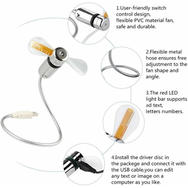 USB Ur-klokke Fan, Mobil USB-drevet Håndholdt Fan, Mini USB Svanehals Fan med LED Lys Realtidsvisning til Laptop og PC - Fleksibel Usb Ur-klokke Fan