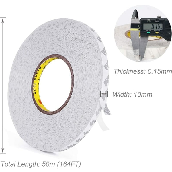 Dobbeltklæbende tape, transparent 3M 9080 stærk dobbeltklæbende tape længde 50 m, bredde 10 mm, tykkelse 0,15 mm til håndværk