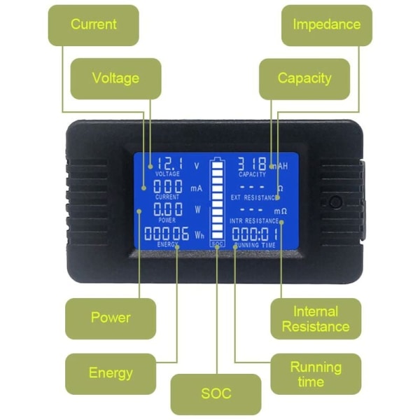 DC Batterimätare Voltmeter Ammeter Energi Energimätare LCD Digital Multimeter Spänning Ström Kapacitans Ohm Timme SOC LCD Mätare DC 0-200V 100A Shunt