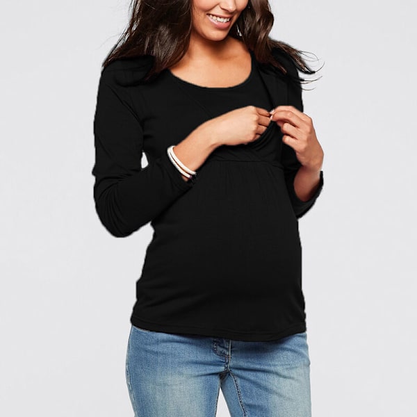 Kvinnors Graviditet Långärmad Amning T-shirts T-shirt Låg Hals Casual Gravid Amning Graviditetstoppar Svart S
