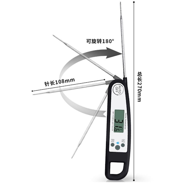 Kjøkkenverktøy Kjøttgrill Instant Read Digital Elektronisk Mattermometer for Utekoking BBQ Grill Brettbart Termometer Svart