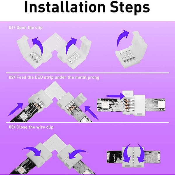 LED-strimmelforbindelse 4-benet 10 mm loddefri RGB-lysbåndsforbindelse til 5050 SMD - Gapless-forbindelser, L-formede forbindelser