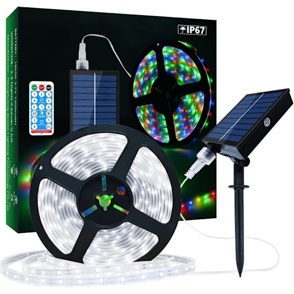 Utendørs solcelledrevet LED-stripe, 5m 280 LEDer IP67 vanntett LED-stripe, kald hvit LED-lys med fjernkontroll, 8 lysmoduser 2835 SMD lyslenke