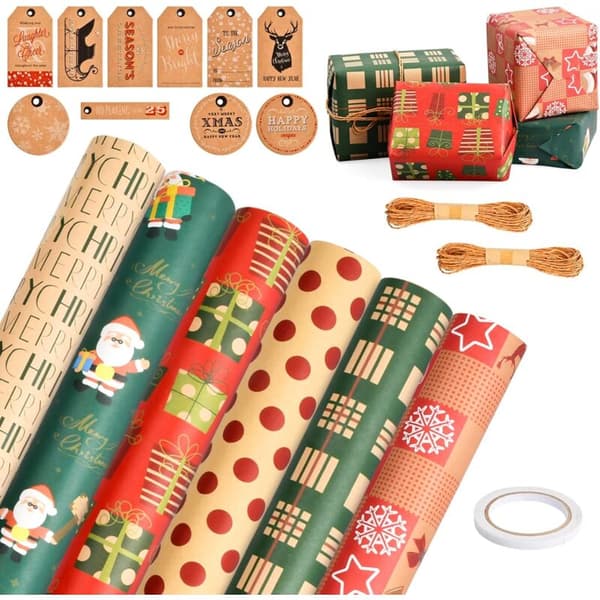 Paket med 6 julpapper, 50 x 70 cm, återvunnet kraftpapper för presentinslagning, julpapper, presentpapper för jul