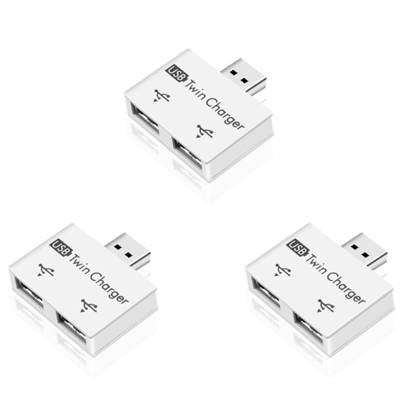 3X Bærbar Mini USB Hub til 2 Ports Oplader Adapter Splitter Dobbelt Opladning Forlænger til Telefon Computer Hvid