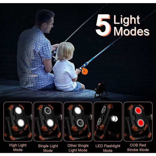 Genopladelig LED-arbejdslampe, 3 COB 1150LM projektør, 360° rotation vandtæt lys, til RV-reparation osv., orange