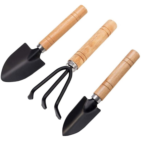 Sett med 3 mini hageverktøy håndverktøy liten spade rive spade trehåndtak hageverktøy