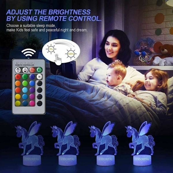 Enhörningsflicka Present, Enhörningslampa 3D LED Nattlampa, Enhörning Leksak Sänglampa Nattlampa 16 Färger, USB-driven Touch Fjärrkontroll Barn Nattlampa