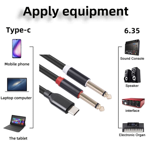 USB-C - 6,35 mm stereojakkihaarautinkaapeli, äänikaapeli älypuhelimelle, tabletille, kannettavalle tietokoneelle, vahvistimelle, miksauspöydälle