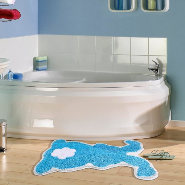 Påskebadetæppe Bunny tæppe, påskeblåt badeværelsestæppe Skridsikret sjov form Vaskbart badekar tæppe Badeværelse køkkentæppe Bunny påskedekoration, blå