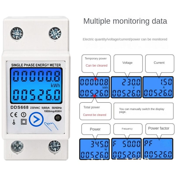 Digital Enfaseret Nul-Energi Måler på DIN Skinne KWh AC220V LCD Elmåler Energi Elmåler Digital